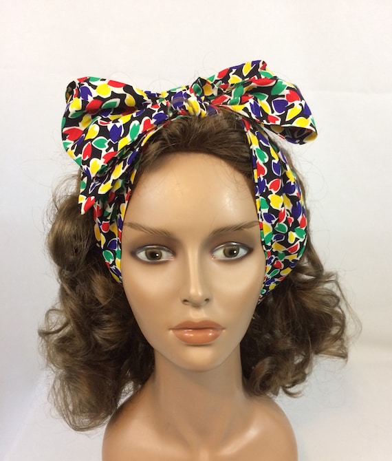 80's Vintage Head Scarf Tie Sash Abstract Flower P