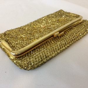 Vintage Hand Beaded Gold Fold Over Clutch //Vintage Evening Bag 1950&#39;s Hong Kong/ Yellow Satin Clutch Purse
