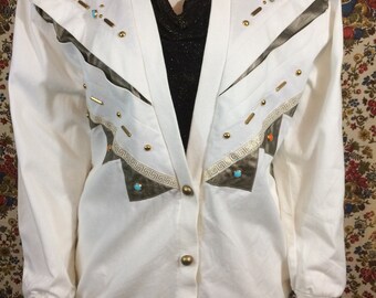 Jacket and Skirt Set 1990's White Cotton Oversize Jacket Big Shoulder Pads Gold Leather and Stone Accents