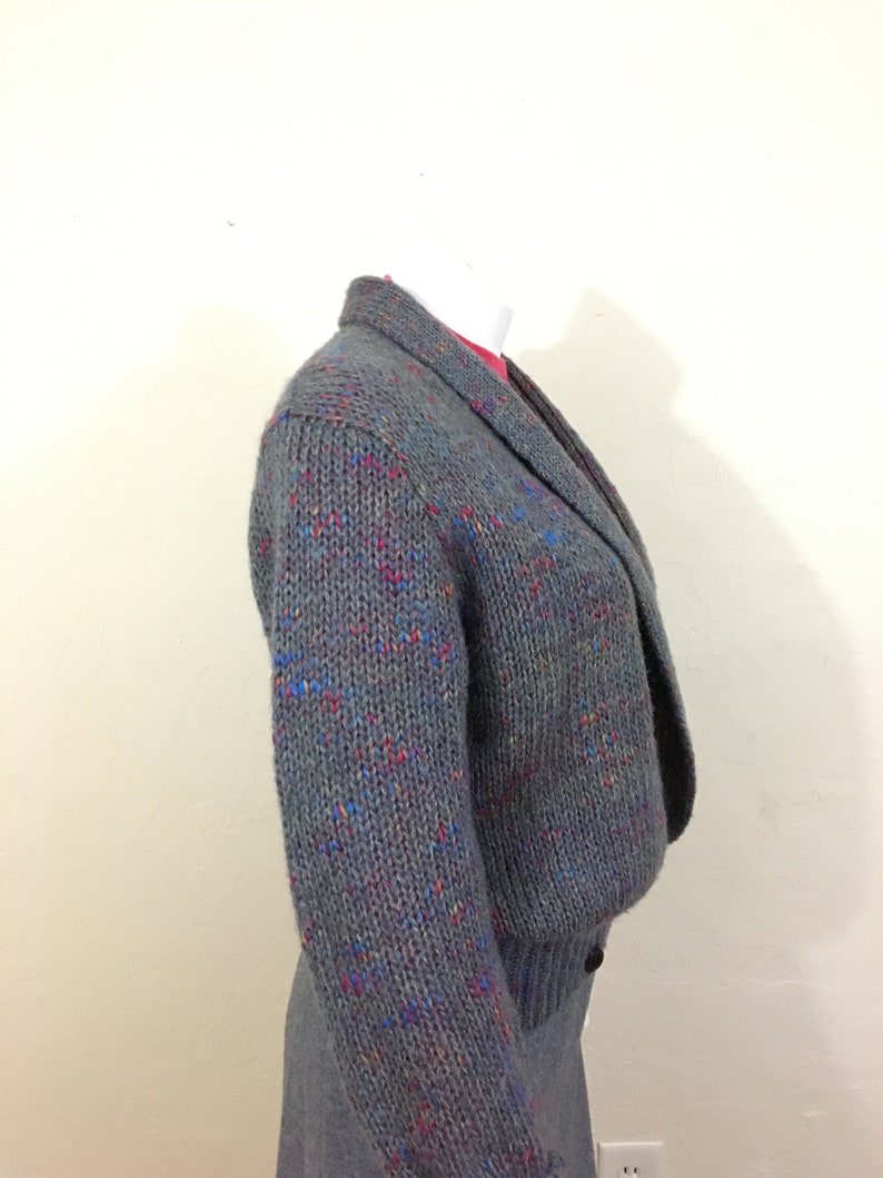 Blue and OrangeLadies Medium Vintage 1980/'s Sweater Jacket Menswear Slouchy Band Bottom Plunge Front Grey with Hot Pink