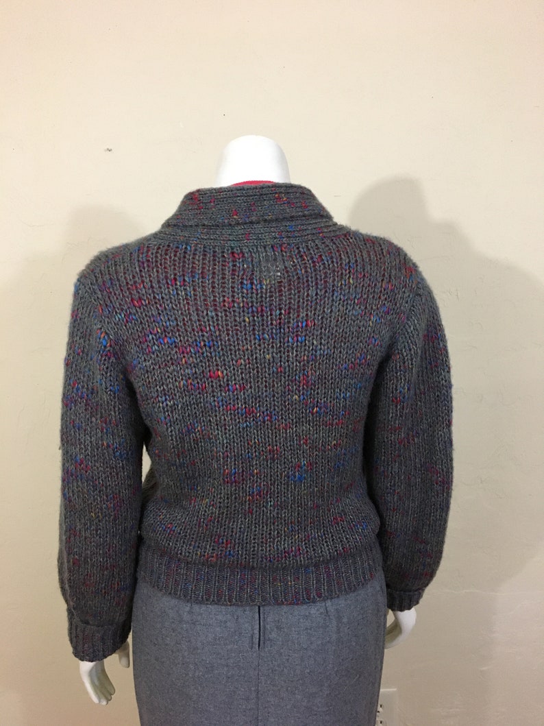 Blue and OrangeLadies Medium Vintage 1980/'s Sweater Jacket Menswear Slouchy Band Bottom Plunge Front Grey with Hot Pink