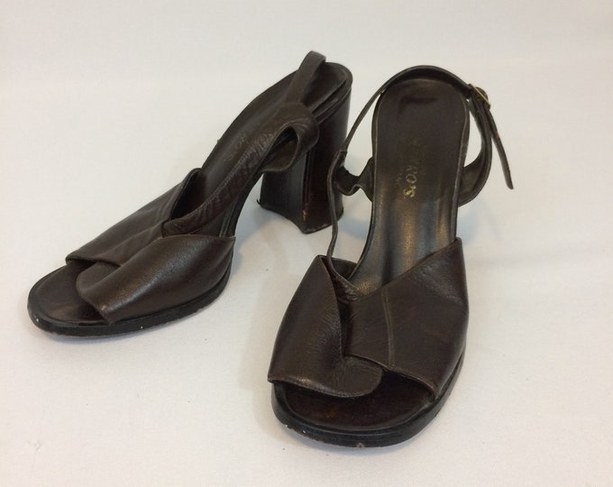 Vintage 1970's Brown Colombian Leather Chunky Heel Sling Back Shoes