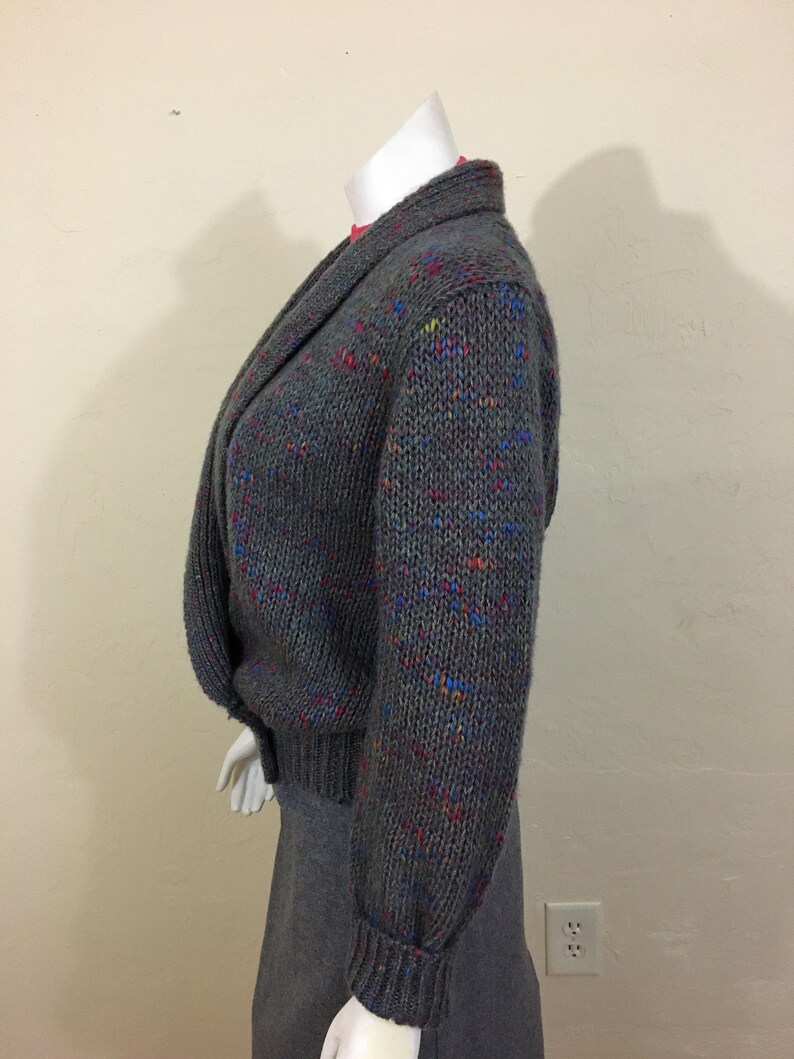 Blue and OrangeLadies Medium Vintage 1980/'s Sweater Jacket Menswear Slouchy Band Bottom Plunge Front Grey with Hot Pink