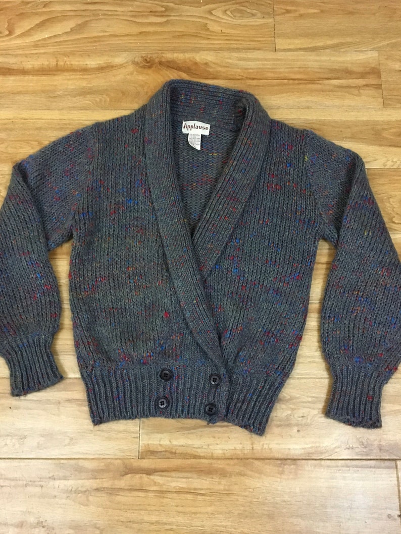 Blue and OrangeLadies Medium Vintage 1980/'s Sweater Jacket Menswear Slouchy Band Bottom Plunge Front Grey with Hot Pink