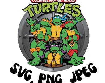 May include: A graphic featuring the Teenage Mutant Ninja Turtles. The image shows the four turtles in their signature colors, with the words "Teenage Mutant Ninja Turtles" above them. Below the turtles are the words "SVG, PNG, JPEG" and "8 FILES".