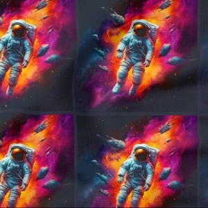 Może przedstawiać: Powtarzający się wzór przedstawiający astronautów unoszących się w kosmosie. Astronauci mają na sobie jasnoniebieskie skafandry z pomarańczowymi hełmami. Tło to żywa mieszanka pomarańczowych, fioletowych i niebieskich mgławic z rozrzuconymi asteroidami.