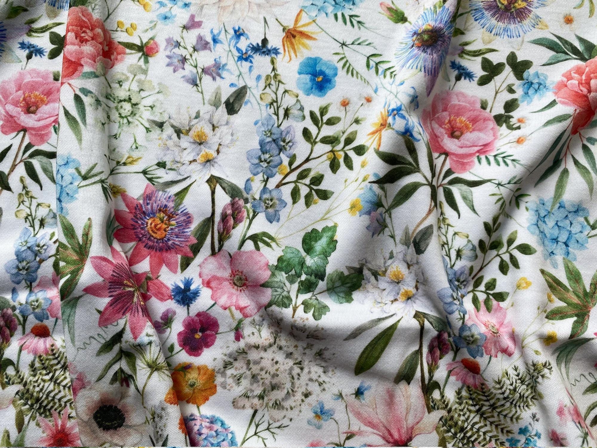 Cotton Knit Fabric Tiny Meadow, Eco-print, Summer Meadow Flowers Fabric, Stretchable, Meadow Cotton Knit, By The Yard Metre Width 145cm /57"