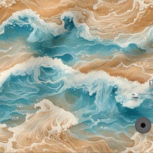 May include: Fabric featuring a watercolour design of ocean waves in blue, white, and tan hues. Several silver safety pins and a grey thread spool are placed on the fabric.