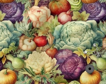 May include: A watercolor illustration of various vegetables, including pumpkins, cabbages, and onions. The color palette features shades of orange, purple, green, and cream. The image has a vintage, botanical feel.