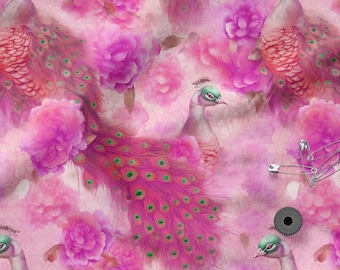 Tessuto di cotone 100% con pavoni, stampa ecologica, tessuto di cotone stampato, tessuto con pavoni, tessuto di alta qualità tagliato su misura, larghezza al metro 150 cm / 60"