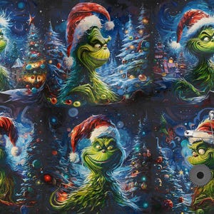 May include: A repeating pattern featuring the Grinch in a Santa hat, set against a backdrop of Christmas trees and a starry night sky. The Grinch is depicted with a mischievous grin, in a festive holiday theme.