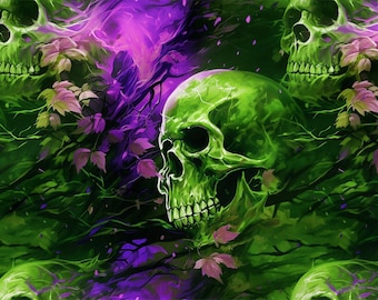 May include: A digital pattern featuring multiple green skulls with detailed features, set against a backdrop of green foliage and purple smoke-like elements. The design includes stylized leaves.