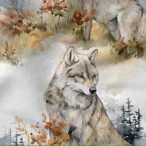 May include: Watercolor illustration of a wolf in a natural setting. The wolf has gray and brown fur, with yellow eyes and a blue nose. The background features tall grass, trees, and a soft, white backdrop.
