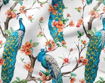 Tessuto di cotone 100% con pavoni, stampa ecologica, tessuto di cotone stampato, tessuto con pavoni, tessuto di alta qualità tagliato su misura, larghezza al metro 150 cm / 60"