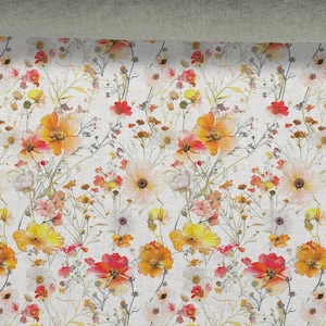 Linen fabric 100%, Floral Pattern, Wildflowers, Beige in melange, Softened linen for sewing By The Yard Metre Width 150cm /60&quot;