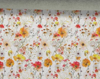 Linen fabric 100%, Floral Pattern, Wildflowers, Beige in melange, Softened linen for sewing By The Yard Metre Width 150cm /60"