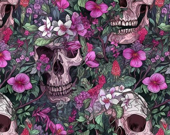 Katoenen stof bloemenschedels 100%, eco-print, bedrukte katoenen stof, gotische schedels, hoge kwaliteit op maat gesneden Meterbreedte: 150 cm