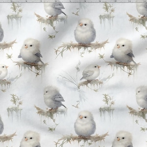 May include: A repeating pattern of fluffy white birds perched on branches with muted green foliage. The birds have small beaks and dark eyes, set against a soft, light background. The design evokes a whimsical, nature-inspired theme.