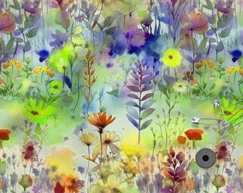 Watercolor Meadow Cotton 100%, Eco-print Fabric, Printed Cotton Floral Fabric, High Quality Fabric, By The Yard Metre, Width 150cm /60"