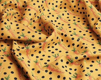 Tejido de viscosa Zanahorias 100% viscosa con estampado ecológico, lunares, para niños, ligero y delicado, corte a medida, ancho 145 cm.