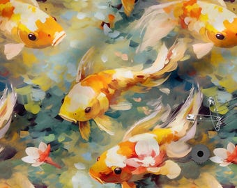 May include: A vibrant, artistic pattern featuring koi fish in shades of orange, yellow, and white, swimming amidst a backdrop of blue and green brushstrokes. The design evokes a sense of tranquility and natural beauty, with a painterly aesthetic.