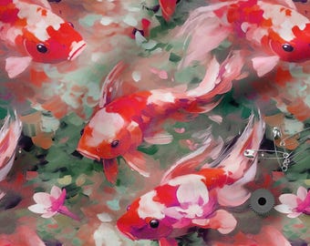 May include: An artistic rendering of koi fish in shades of red, white, and orange, swimming in a watercolor-style pond. The image has a painterly quality with visible brushstrokes and a soft, diffused light. The background features green and pink hues.