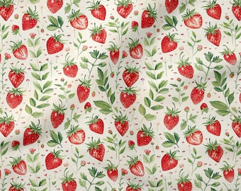 May include: A seamless fabric pattern featuring a repeating design of red strawberries with green leaves on a cream background.