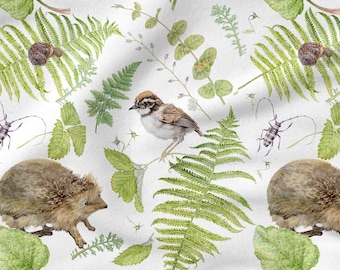 Coton forestier 100 %, impression écologique, tissu en coton imprimé, tissu animaux de la forêt, tissu de haute qualité, largeur au mètre 150 cm