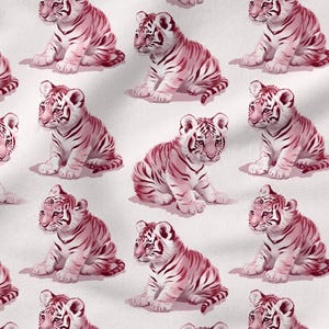 May include: A repeating pattern of pink tiger cubs on a white background. Each cub is depicted in a seated position with dark pink stripes and a light pink body. The cubs have detailed facial features.