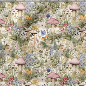 Puede incluir: Una tela con un diseño botánico caprichoso. El patrón presenta setas con gorros rosas, flores coloridas y mariposas. La paleta de colores incluye tonos de rosa, amarillo, azul y verde, creando una estética suave y natural.