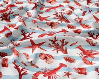 Sea Pattern Ocean Linen 100%, Eco-print, Printed Linen fabric, Ocean Fabric Softened linen for sewing By The Yard Metre Width 150cm /60"