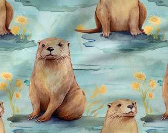 Cute Otter Cotton 100%, Eco-print, Printed Cotton Fabric, Friendly Otters Fabric, High Quality, By The Yard Metre Width 150cm /60"