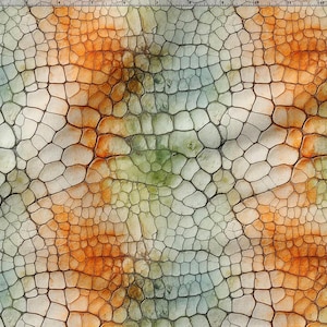 Op de afbeelding: Een digitaal bedrukte stof met een reptielenhuidpatroon. Het ontwerp heeft een netwerk van onregelmatige vormen in tinten oranje, groen en blauw, waardoor een textuur ontstaat. De stof heeft een vintage, verweerde uitstraling.
