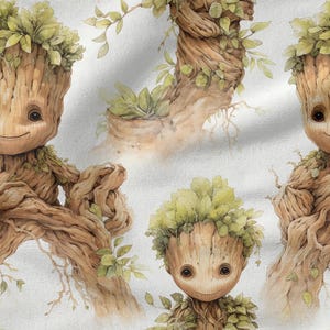 May include: Watercolor pattern featuring a repeating design of a smiling, tree-like character with a leafy crown and wooden body. The character has brown eyes and is surrounded by green leaves and branches on a white background.