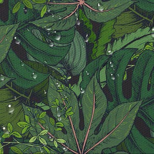 Può includere: Illustrazione dettagliata di varie foglie verdi, tra cui monstera, con venature visibili e goccioline d'acqua. Le foglie variano nelle tonalità di verde, creando un'estetica tropicale lussureggiante. L'immagine ha un aspetto strutturato, che suggerisce una stampa o un tessuto.