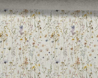 Linen fabric Floral Pattern, Wildflowers, Beige in melange, Softened linen for sewing By The Yard Metre Width 150cm /60"