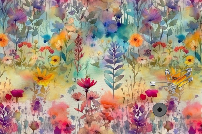 May include: A watercolor painting of a field of flowers in shades of pink, purple, yellow, orange, and blue. The flowers are painted in a loose, impressionistic style, and the background is a soft, blurred wash of color.