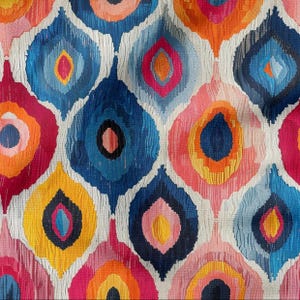 May include: A vibrant textile featuring a repeating pattern of colorful, teardrop-shaped designs. The pattern includes shades of blue, pink, orange, and yellow, creating a lively and eye-catching visual. The background is a neutral white.