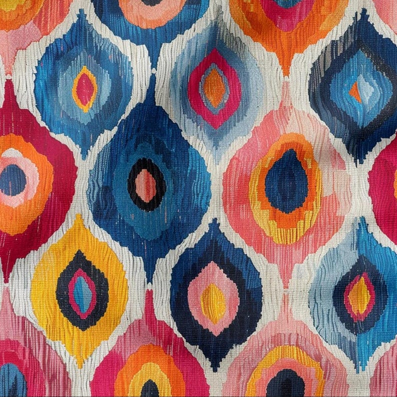 May include: A vibrant textile featuring a repeating pattern of colorful, teardrop-shaped designs. The pattern includes shades of blue, pink, orange, and yellow, creating a lively and eye-catching visual. The background is a neutral white.