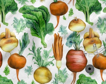 May include: Watercolor illustration of various root vegetables and leafy greens, including turnips, beets, and leafy greens, against a white background. The vegetables are in shades of orange, red, and yellow, with green leaves.
