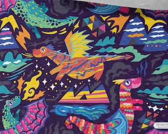 Tejido de sudadera con estampado ecológico de dragones de colores para ropa deportiva y infantil, cortado a medida, ancho 145 cm/57 pulgadas.