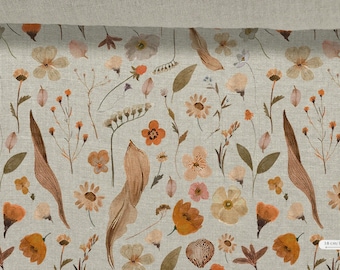 Linen fabric Flowers Autumn Flowers Fabric Beige in melange, Softened linen for sewing By The Yard Metre Width 150cm /60"