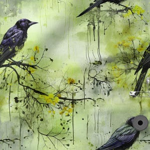 Raven Cotton Fabric 100%, Eco-print, Printed Cotton Fabric, Raven Birds Fabric, High Quality Fabric By The Yard Metre Width 150cm /60&quot;