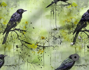 Raven Cotton Fabric 100%, Eco-print, Printed Cotton Fabric, Raven Birds Fabric, High Quality Fabric By The Yard Metre Width 150cm /60&quot;