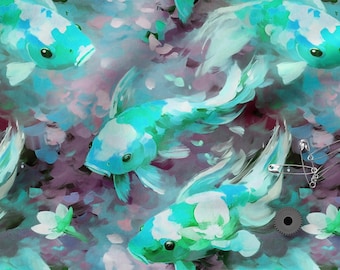 May include: An artistic rendering of koi fish in shades of turquoise, white, and teal, set against a backdrop of purples and blues. The painting-like style gives a dreamy, aquatic feel. The image also includes white flowers, safety pins, and a gear.