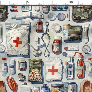 May include: A watercolour illustration of medical supplies, including bags with red crosses, medicine bottles, syringes, and a stethoscope. The image features a camouflage bag and various pills and capsules.