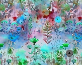 Watercolor Meadow Cotton 100%, Eco-print Fabric, Printed Cotton Floral Fabric, High Quality Fabric, By The Yard Metre, Width 150cm /60"