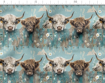 Highland Cow Cotton 100%, Eco-print, Printed Cotton Fabric, Cows Fabric, High Quality, By The Yard Metre Width 150cm /60"