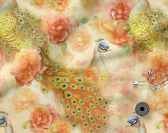 Tessuto di cotone 100% con pavoni, stampa ecologica, tessuto di cotone stampato, tessuto con pavoni, tessuto di alta qualità tagliato su misura, larghezza al metro 150 cm / 60"