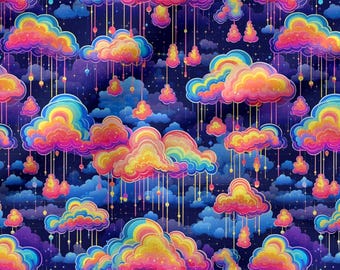 Rainbow Clouds Cotton 100% Eco-print, Printed Cotton Fabric Rainbow Cloud Fabric High Quality By The Yard Metre Width 150cm/60"